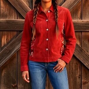Denim & Co L Y2K Red Leather Jacket Floral Print Cotton Trim Southwestern Large